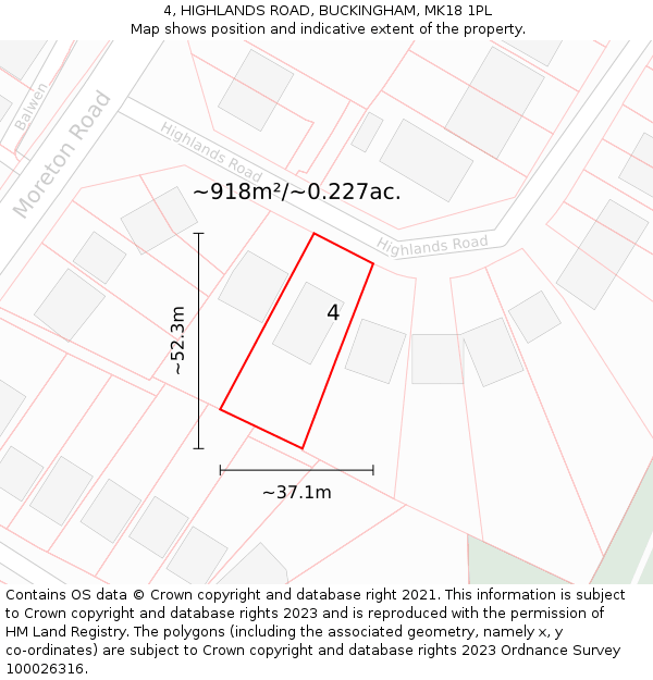 4, HIGHLANDS ROAD, BUCKINGHAM, MK18 1PL: Plot and title map