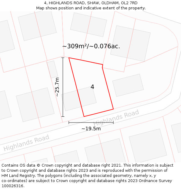 4, HIGHLANDS ROAD, SHAW, OLDHAM, OL2 7RD: Plot and title map