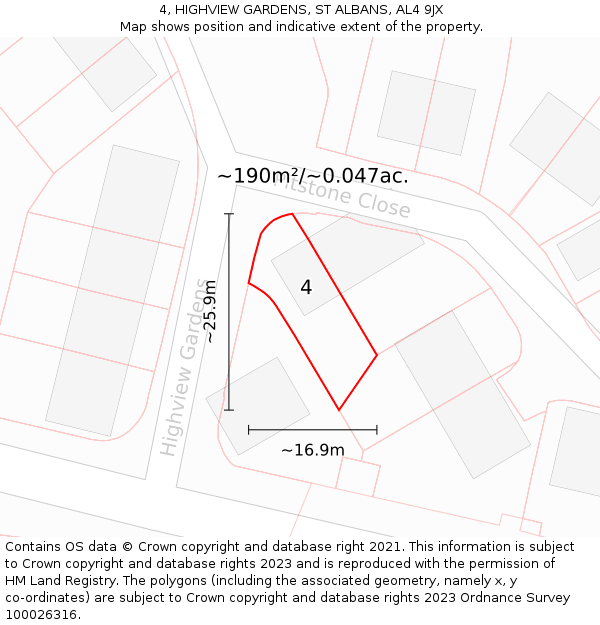 4, HIGHVIEW GARDENS, ST ALBANS, AL4 9JX: Plot and title map