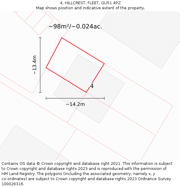 4, HILLCREST, FLEET, GU51 4PZ: Plot and title map