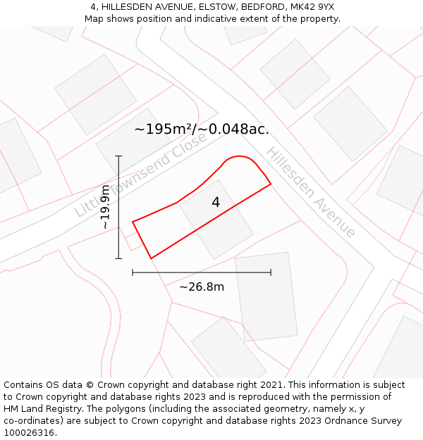 4, HILLESDEN AVENUE, ELSTOW, BEDFORD, MK42 9YX: Plot and title map