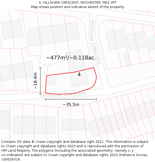 4, HILLSHAW CRESCENT, ROCHESTER, ME2 2PT: Plot and title map