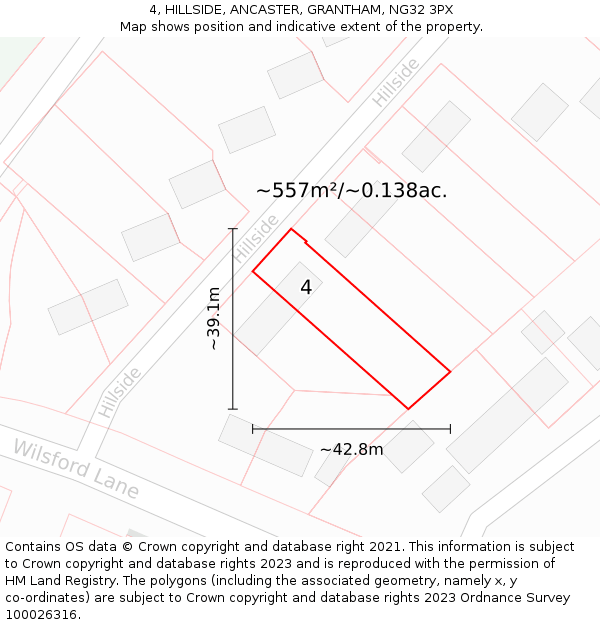4, HILLSIDE, ANCASTER, GRANTHAM, NG32 3PX: Plot and title map