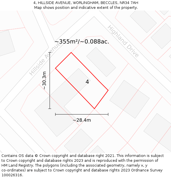 4, HILLSIDE AVENUE, WORLINGHAM, BECCLES, NR34 7AH: Plot and title map