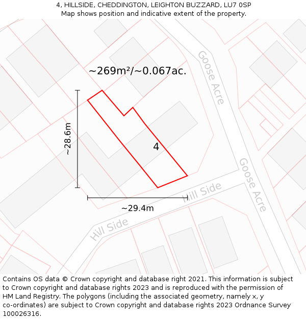 4, HILLSIDE, CHEDDINGTON, LEIGHTON BUZZARD, LU7 0SP: Plot and title map