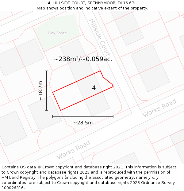 4, HILLSIDE COURT, SPENNYMOOR, DL16 6BL: Plot and title map