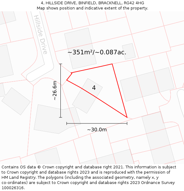 4, HILLSIDE DRIVE, BINFIELD, BRACKNELL, RG42 4HG: Plot and title map