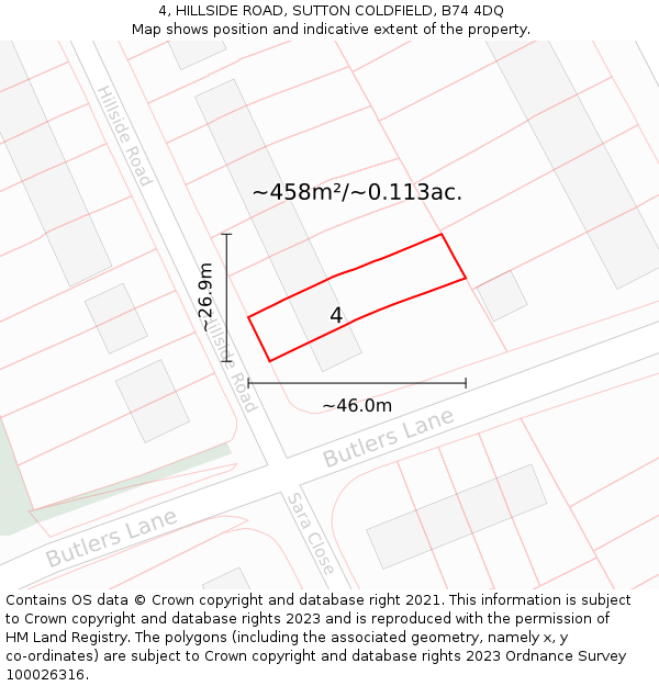 4, HILLSIDE ROAD, SUTTON COLDFIELD, B74 4DQ: Plot and title map