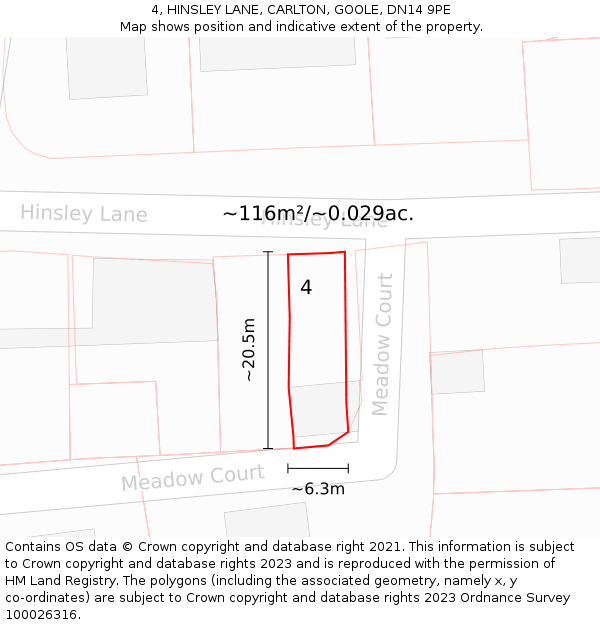 4, HINSLEY LANE, CARLTON, GOOLE, DN14 9PE: Plot and title map