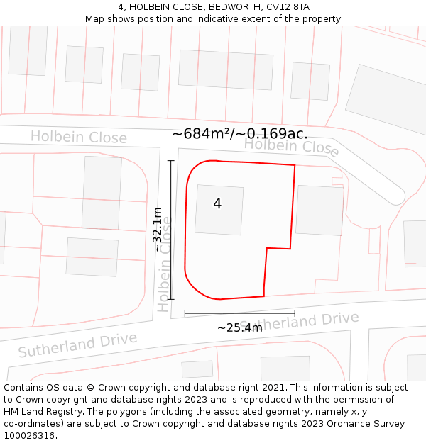4, HOLBEIN CLOSE, BEDWORTH, CV12 8TA: Plot and title map