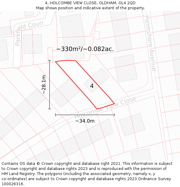 4, HOLCOMBE VIEW CLOSE, OLDHAM, OL4 2QD: Plot and title map