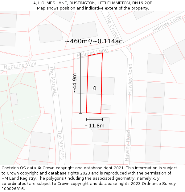 4, HOLMES LANE, RUSTINGTON, LITTLEHAMPTON, BN16 2QB: Plot and title map