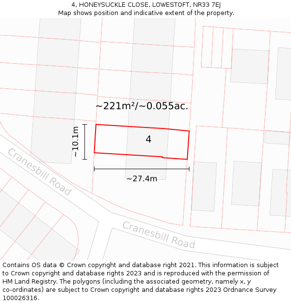 4, HONEYSUCKLE CLOSE, LOWESTOFT, NR33 7EJ: Plot and title map