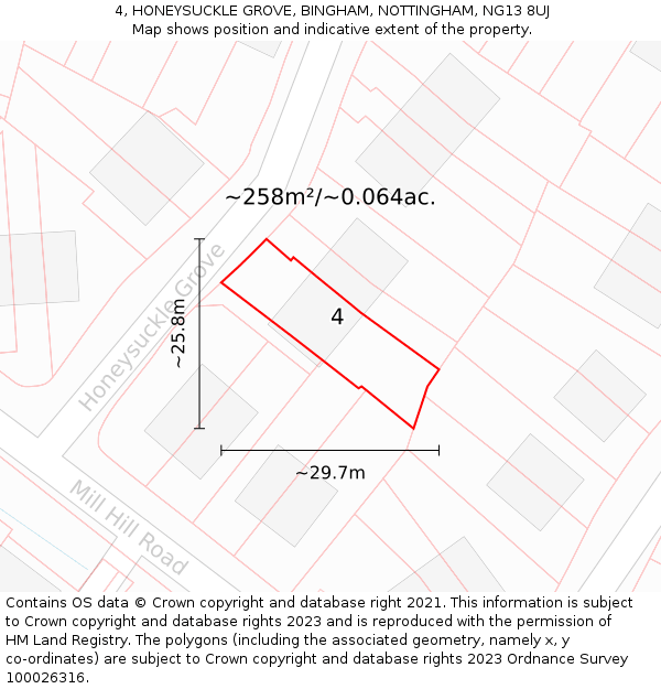 4, HONEYSUCKLE GROVE, BINGHAM, NOTTINGHAM, NG13 8UJ: Plot and title map