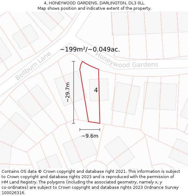 4, HONEYWOOD GARDENS, DARLINGTON, DL3 0LL: Plot and title map