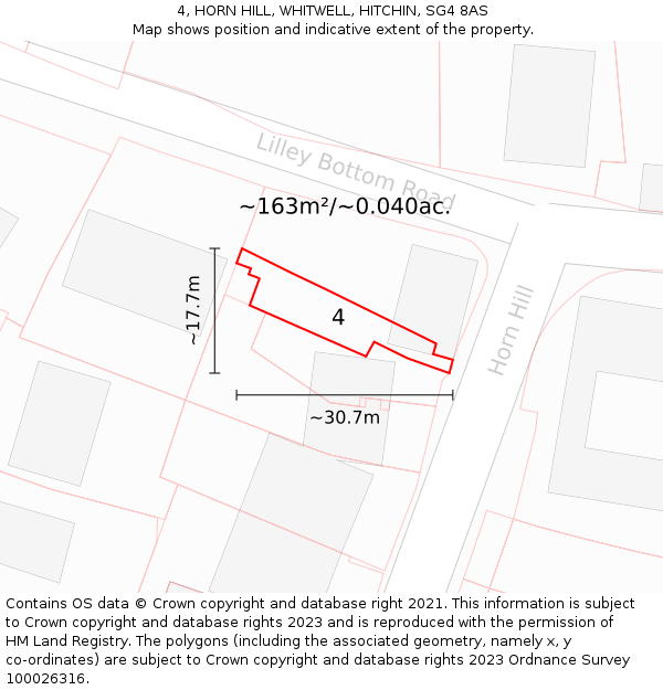 4, HORN HILL, WHITWELL, HITCHIN, SG4 8AS: Plot and title map