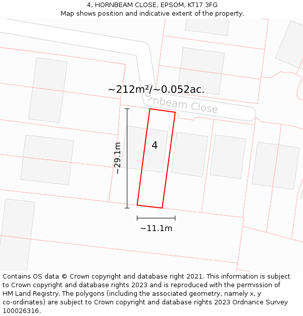 4, HORNBEAM CLOSE, EPSOM, KT17 3FG: Plot and title map