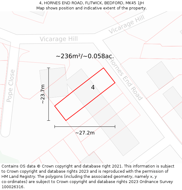 4, HORNES END ROAD, FLITWICK, BEDFORD, MK45 1JH: Plot and title map
