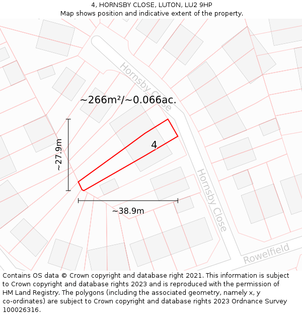 4, HORNSBY CLOSE, LUTON, LU2 9HP: Plot and title map