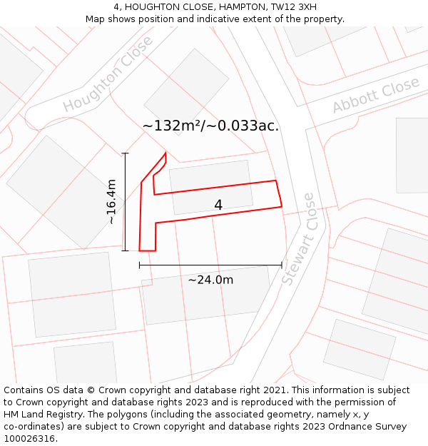 4, HOUGHTON CLOSE, HAMPTON, TW12 3XH: Plot and title map