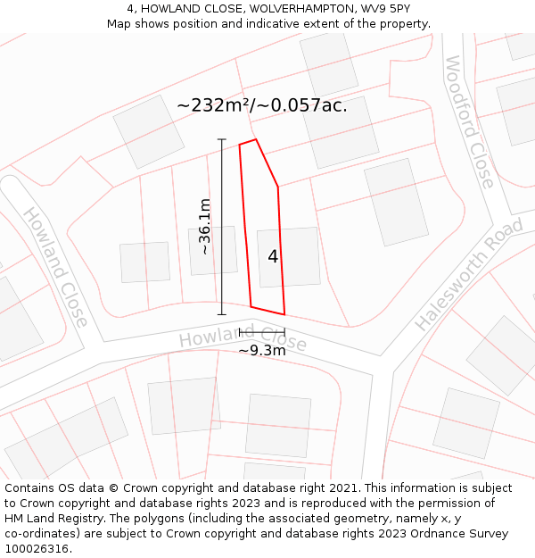 4, HOWLAND CLOSE, WOLVERHAMPTON, WV9 5PY: Plot and title map