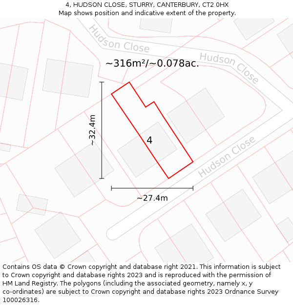 4, HUDSON CLOSE, STURRY, CANTERBURY, CT2 0HX: Plot and title map