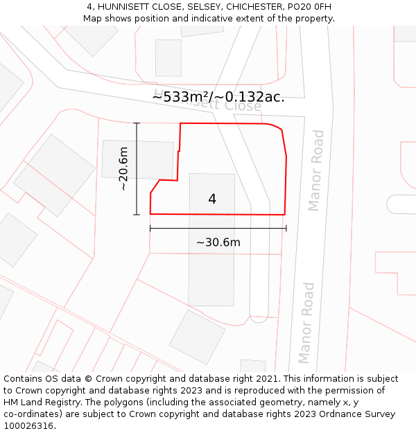 4, HUNNISETT CLOSE, SELSEY, CHICHESTER, PO20 0FH: Plot and title map