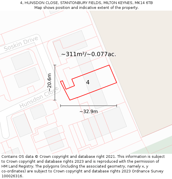 4, HUNSDON CLOSE, STANTONBURY FIELDS, MILTON KEYNES, MK14 6TB: Plot and title map