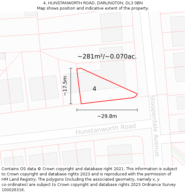 4, HUNSTANWORTH ROAD, DARLINGTON, DL3 0BN: Plot and title map