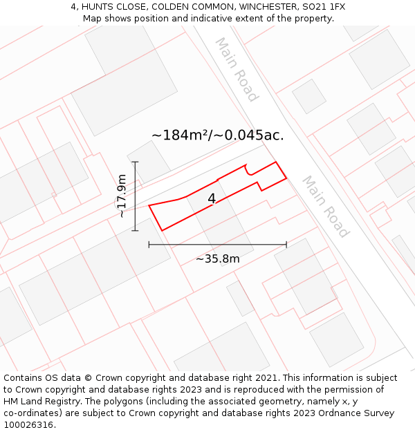 4, HUNTS CLOSE, COLDEN COMMON, WINCHESTER, SO21 1FX: Plot and title map