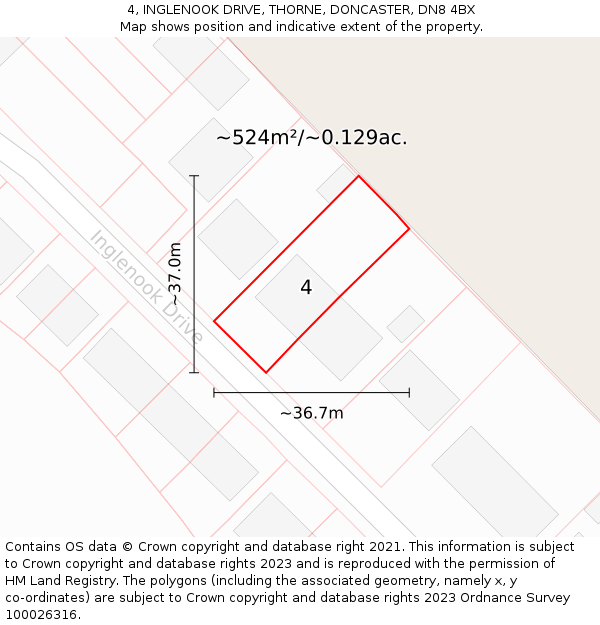 4, INGLENOOK DRIVE, THORNE, DONCASTER, DN8 4BX: Plot and title map