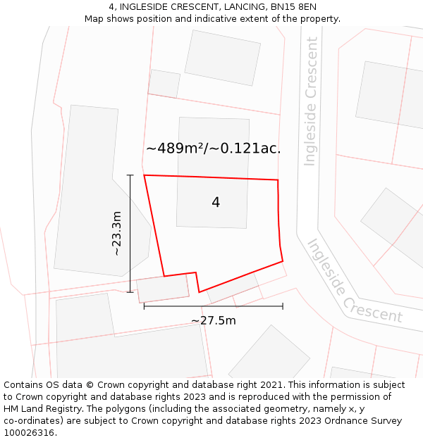 4, INGLESIDE CRESCENT, LANCING, BN15 8EN: Plot and title map