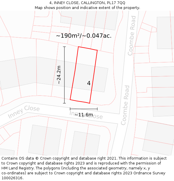4, INNEY CLOSE, CALLINGTON, PL17 7QQ: Plot and title map