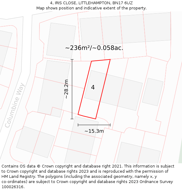 4, IRIS CLOSE, LITTLEHAMPTON, BN17 6UZ: Plot and title map