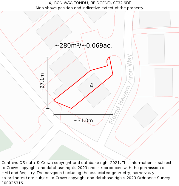 4, IRON WAY, TONDU, BRIDGEND, CF32 9BF: Plot and title map