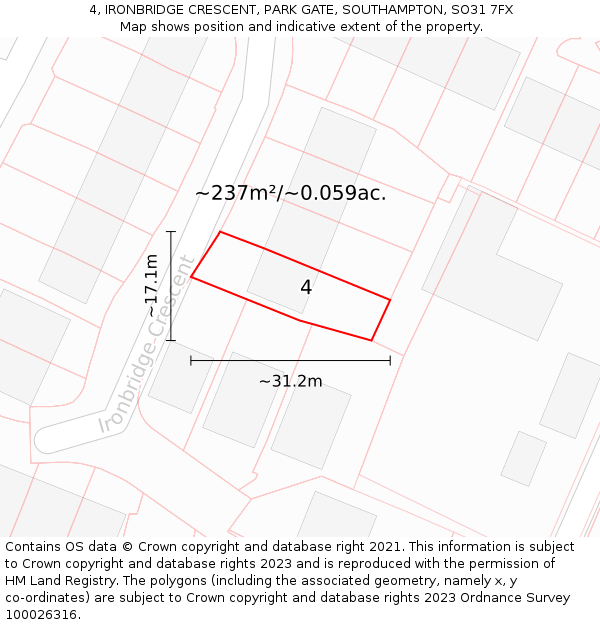 4, IRONBRIDGE CRESCENT, PARK GATE, SOUTHAMPTON, SO31 7FX: Plot and title map