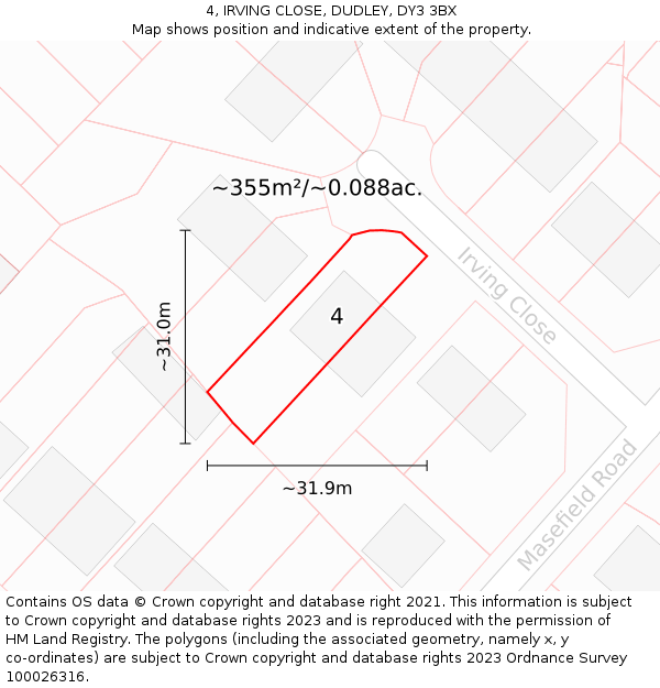 4, IRVING CLOSE, DUDLEY, DY3 3BX: Plot and title map