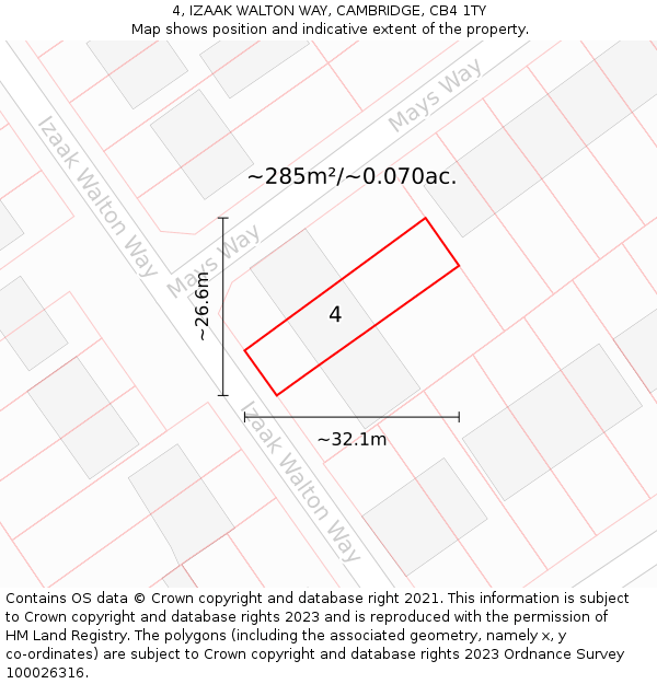 4, IZAAK WALTON WAY, CAMBRIDGE, CB4 1TY: Plot and title map