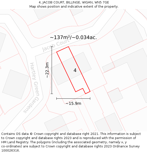 4, JACOB COURT, BILLINGE, WIGAN, WN5 7GE: Plot and title map