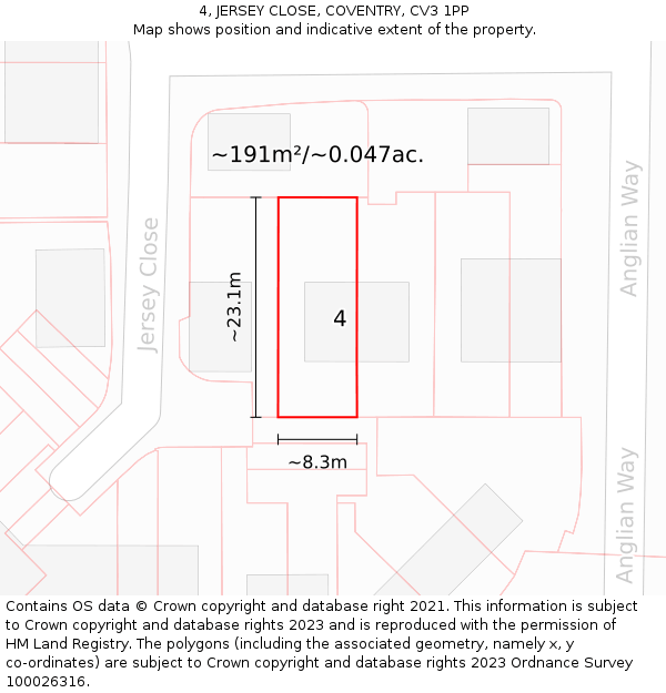 4, JERSEY CLOSE, COVENTRY, CV3 1PP: Plot and title map