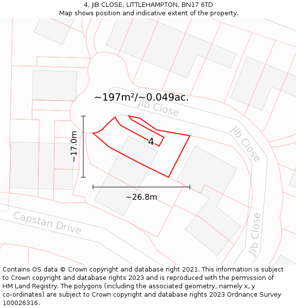 4, JIB CLOSE, LITTLEHAMPTON, BN17 6TD: Plot and title map