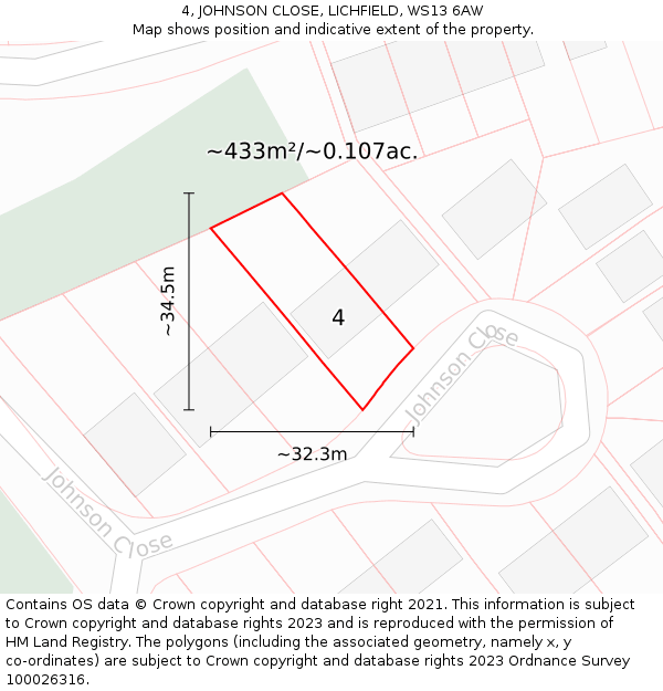 4, JOHNSON CLOSE, LICHFIELD, WS13 6AW: Plot and title map