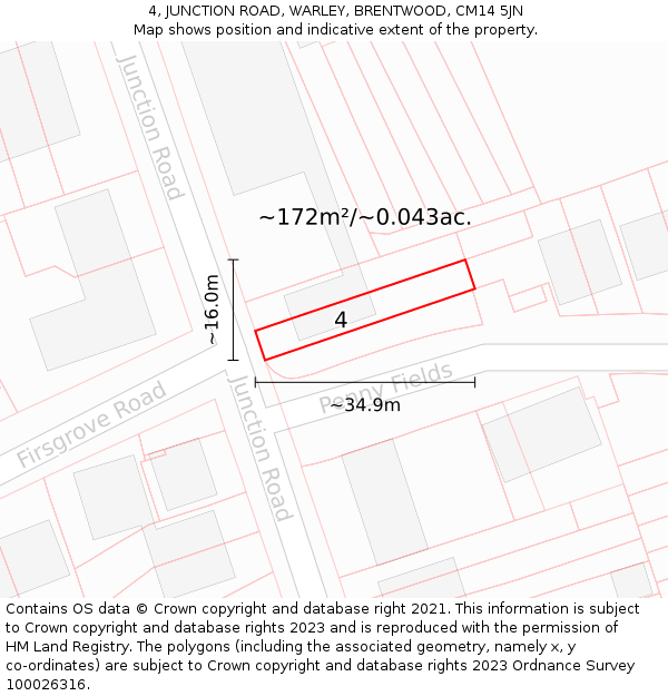 4, JUNCTION ROAD, WARLEY, BRENTWOOD, CM14 5JN: Plot and title map