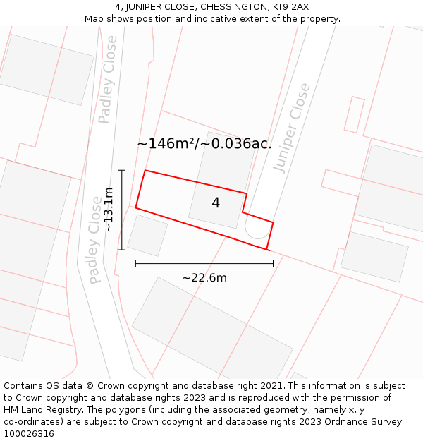 4, JUNIPER CLOSE, CHESSINGTON, KT9 2AX: Plot and title map