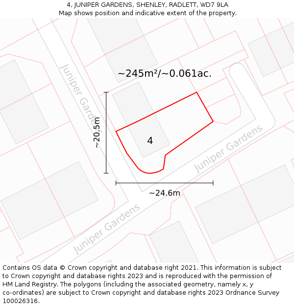 4, JUNIPER GARDENS, SHENLEY, RADLETT, WD7 9LA: Plot and title map