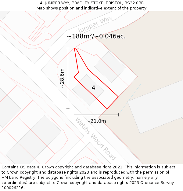 4, JUNIPER WAY, BRADLEY STOKE, BRISTOL, BS32 0BR: Plot and title map