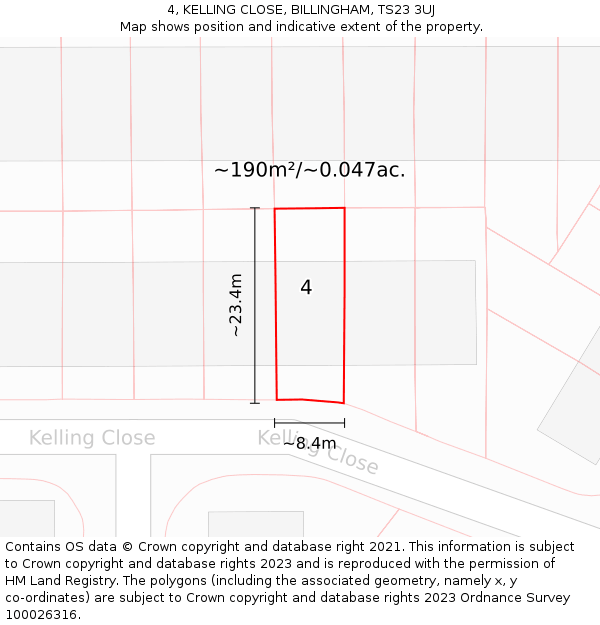 4, KELLING CLOSE, BILLINGHAM, TS23 3UJ: Plot and title map