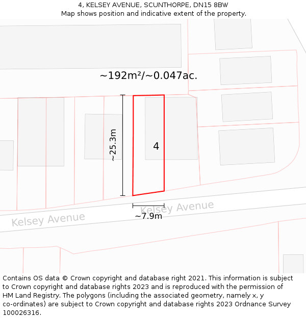 4, KELSEY AVENUE, SCUNTHORPE, DN15 8BW: Plot and title map