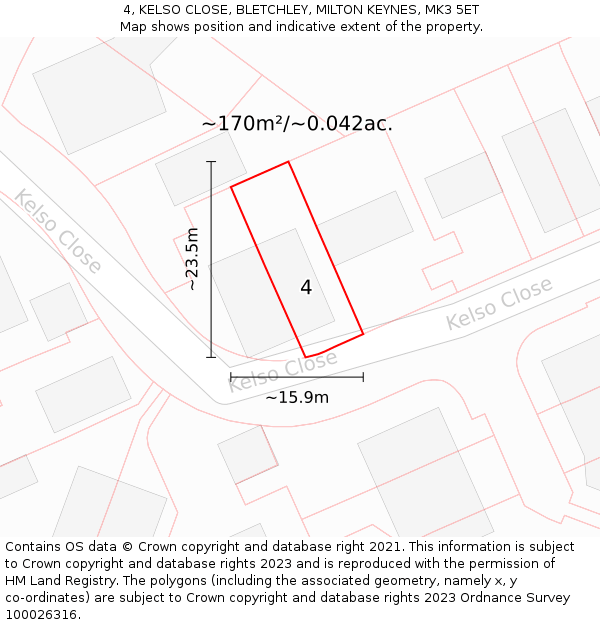 4, KELSO CLOSE, BLETCHLEY, MILTON KEYNES, MK3 5ET: Plot and title map