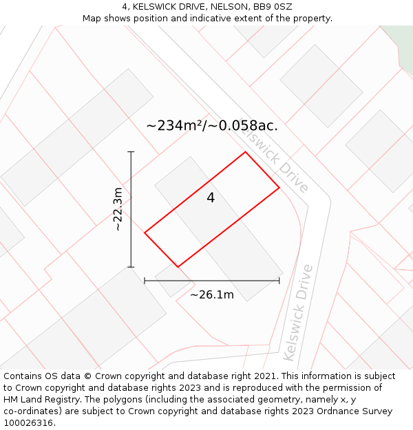 4, KELSWICK DRIVE, NELSON, BB9 0SZ: Plot and title map